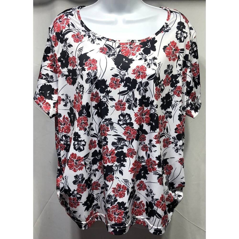 Blair Top XL Red Blk Floral Short Sleeve Ruched Sides Scoop Neck Capsule